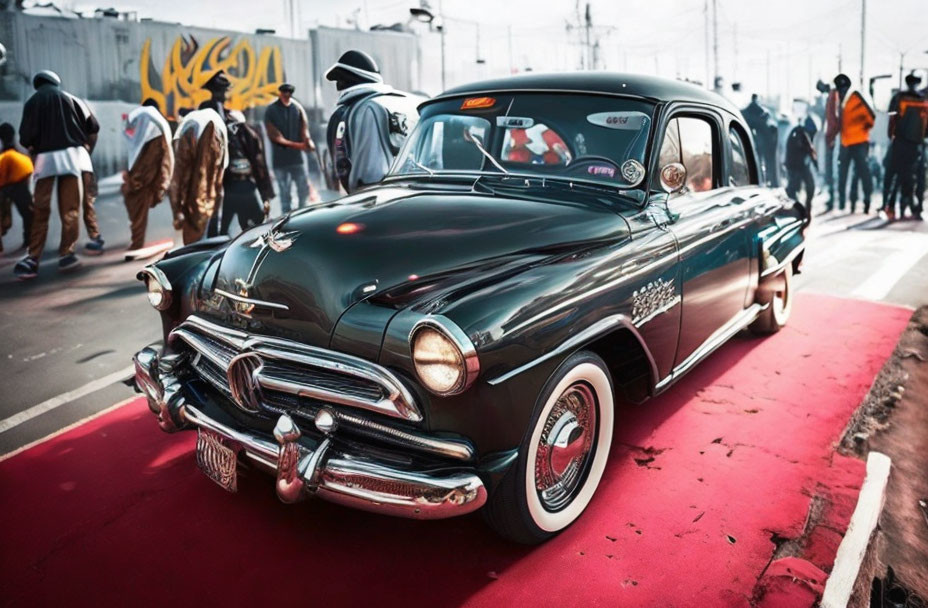 Classic Black Car on Red Carpet at Outdoor Event with People milling around