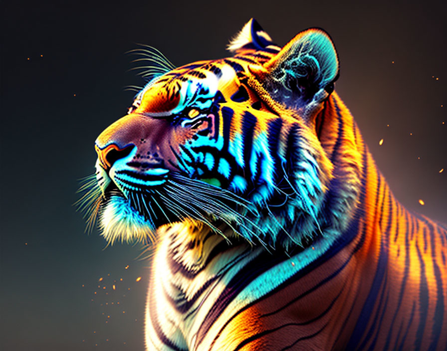 Colorful Tiger Digital Art with Neon Stripes on Dark Background