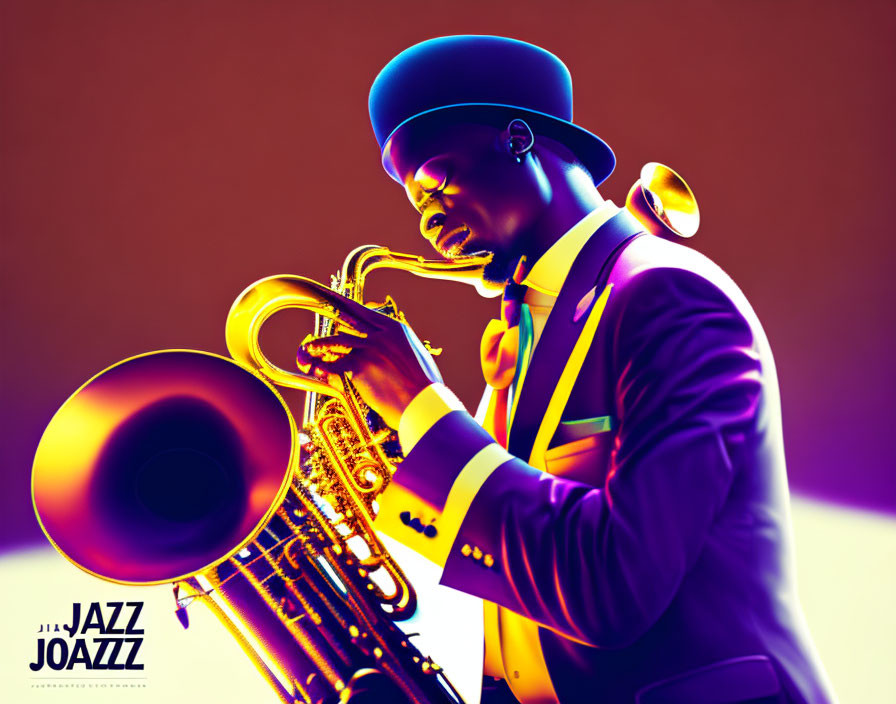 Vibrant purple and orange saxophone player with "JAZZ" text