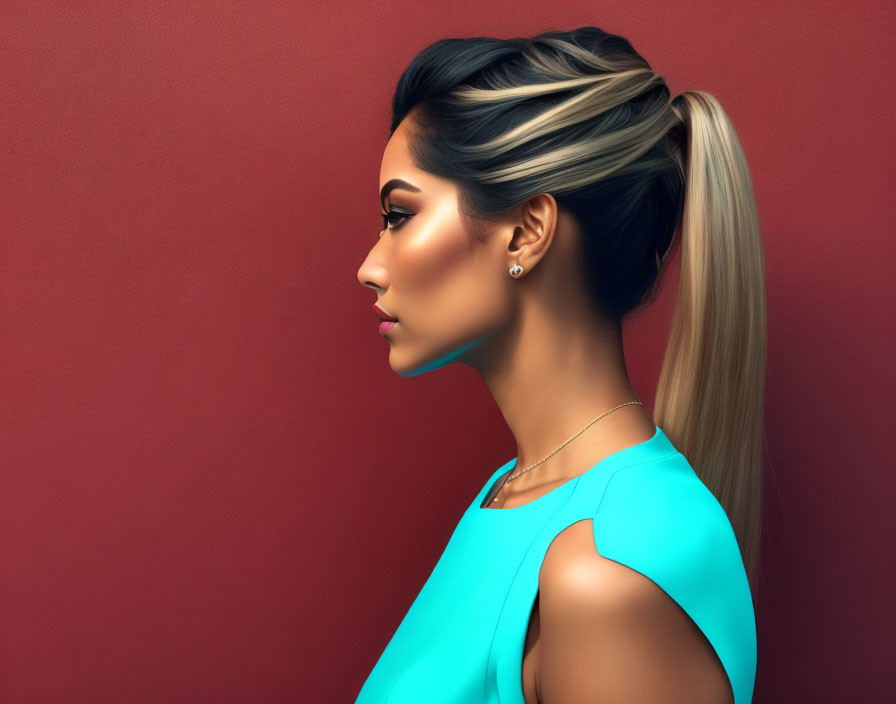 Woman with sleek ponytail in blue top on red background