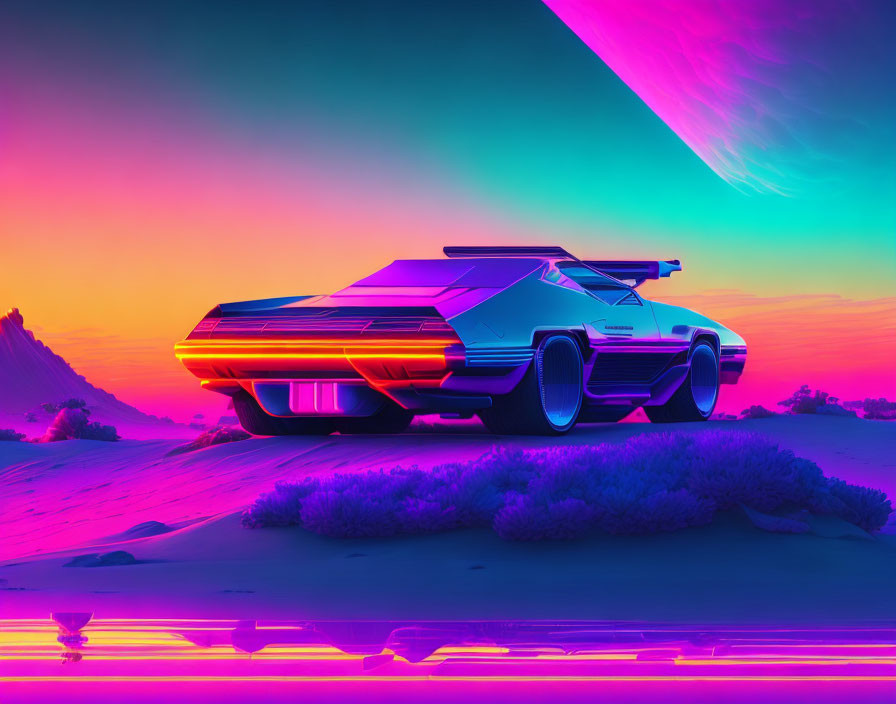 Futuristic car with neon highlights in surreal landscape