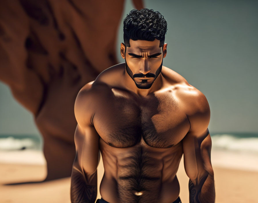 Muscular man with beard on beach under dramatic lighting