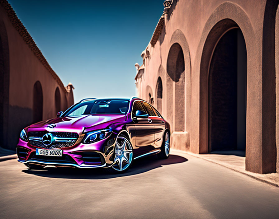 Purple Mercedes-Benz parked on sunlit cobblestone driveway beside terracotta walls.