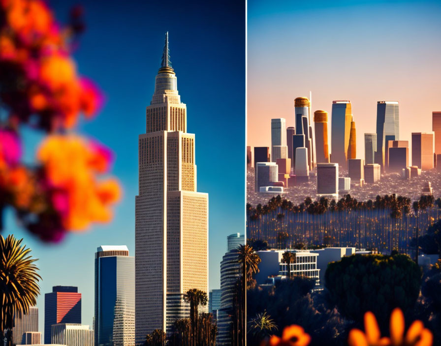 Skyscraper and city skyline with sunset, flowers, and palm trees.