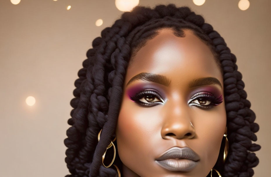 Portrait of Woman with Braided Hair and Purple Eyeshadow