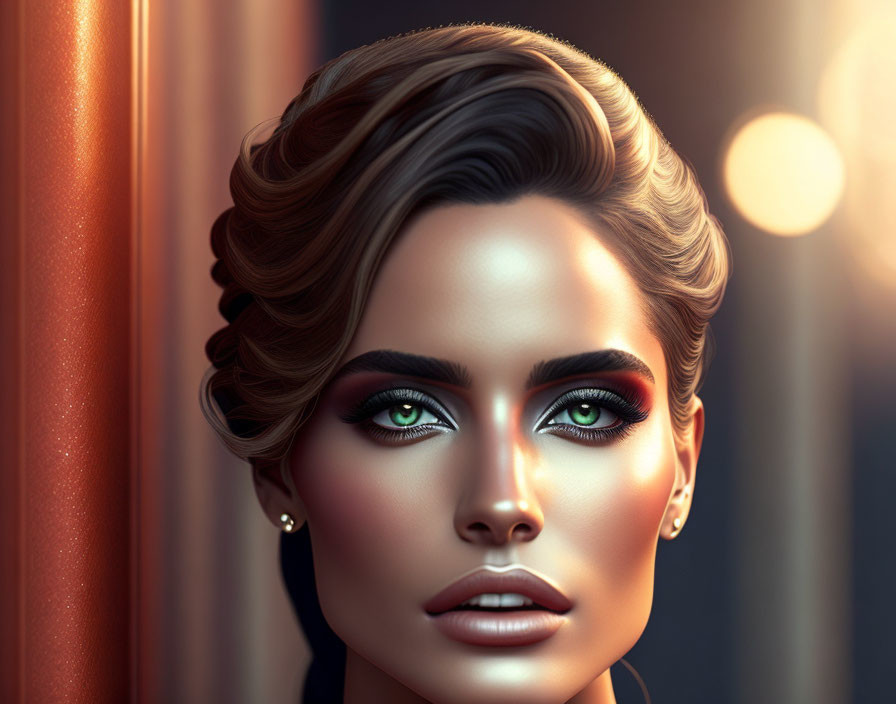 Detailed digital portrait of woman with elegant makeup, hairstyle, and green eyes