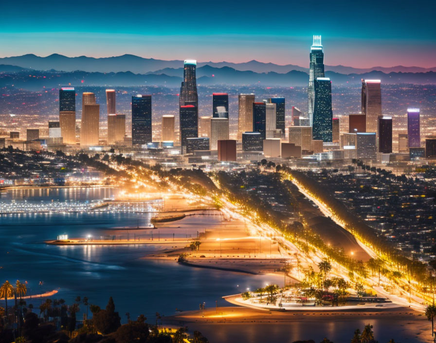 Vibrant city skyline with illuminated skyscrapers and waterfront at night