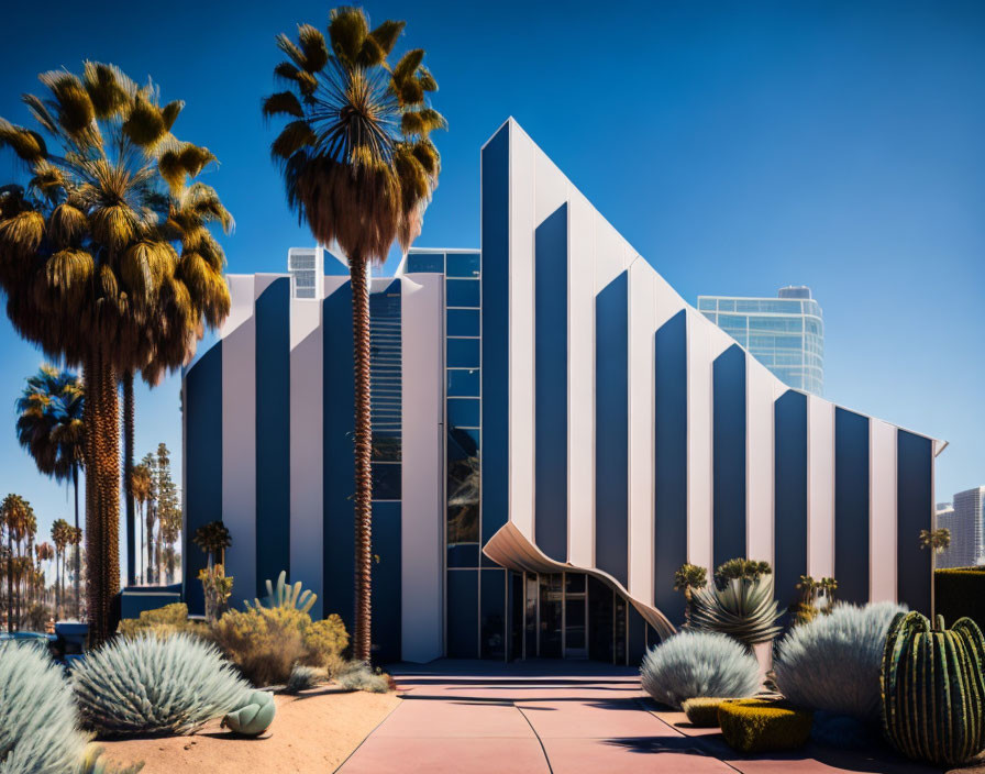 Geometric modern building amidst desert palm trees.