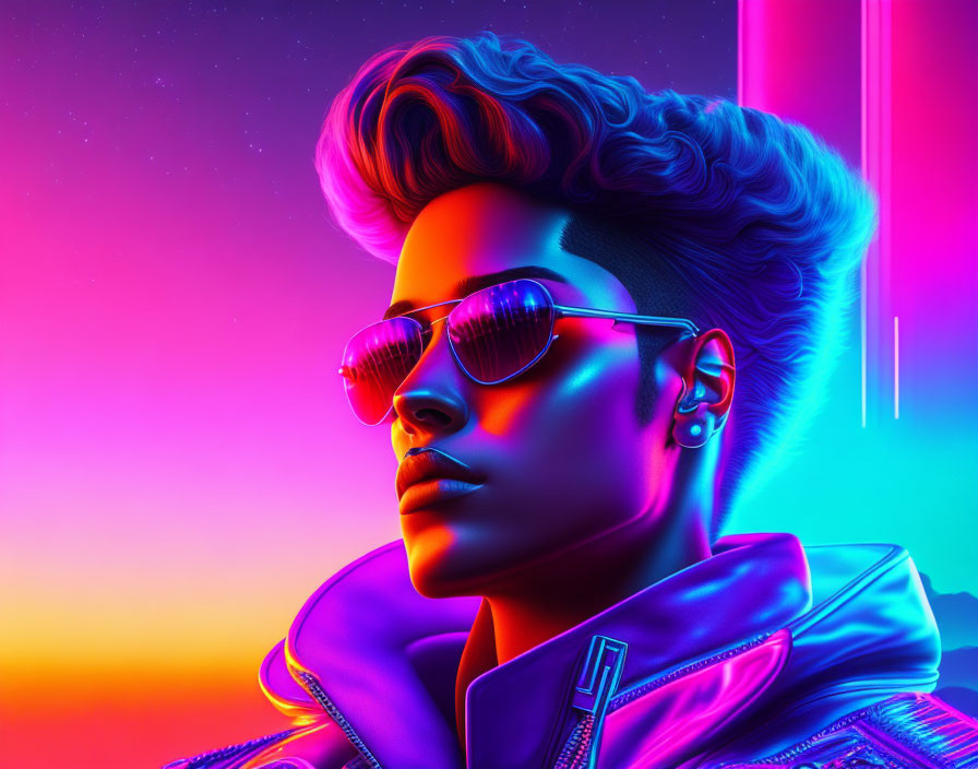 Fashionable person with mohawk, heart sunglasses, leather jacket on neon background