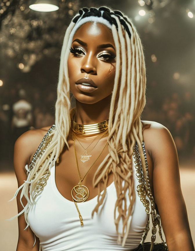 Blonde woman with striking makeup and braids in white top and layered necklaces against hazy background