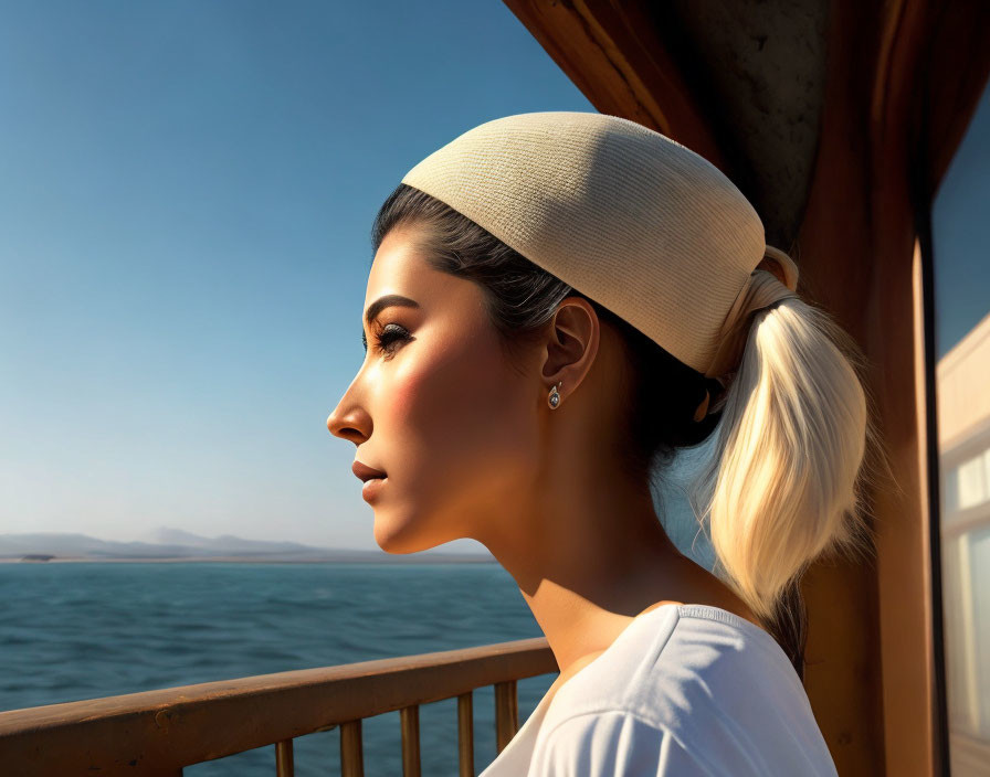 Pensive woman with ponytail on balcony overlooking sea