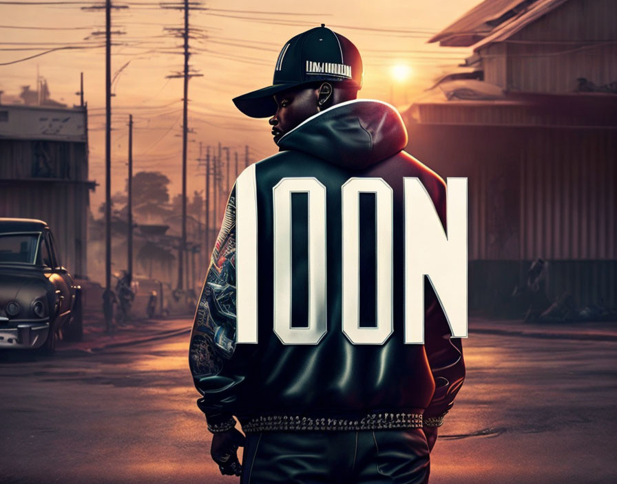 Urban sunset scene with person in cap and bomber jacket and bold lettering.