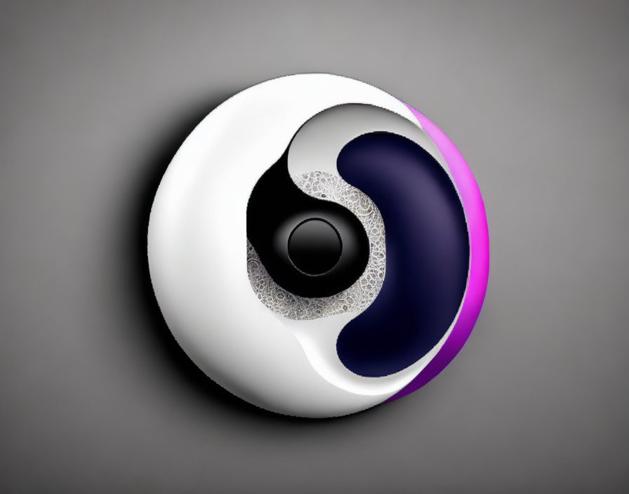 Abstract yin-yang with modern twist: black, white, purple, textured center