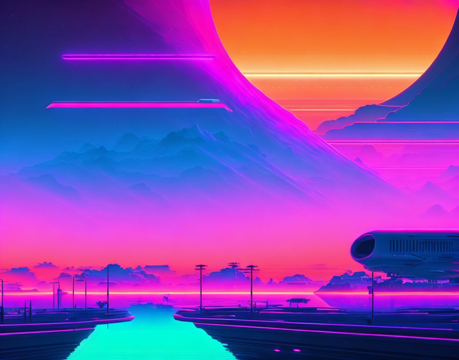 Futuristic landscape with neon colors, highway, mountains, and spaceship