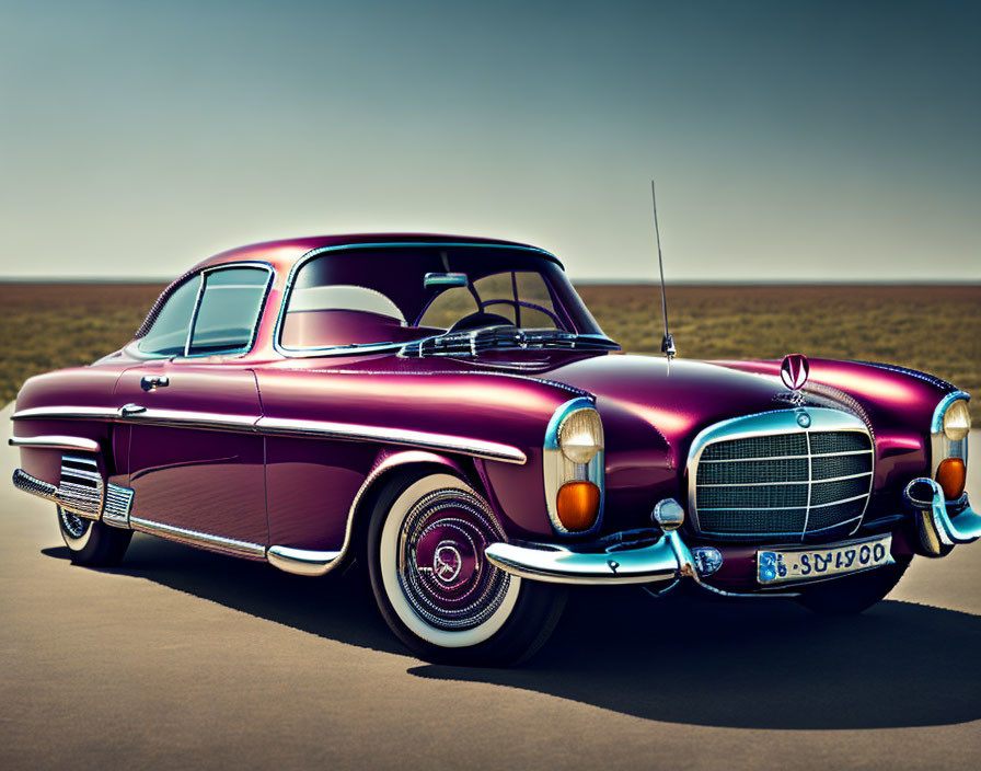 Vintage Purple Mercedes-Benz with Chrome Details Parked on Open Plain