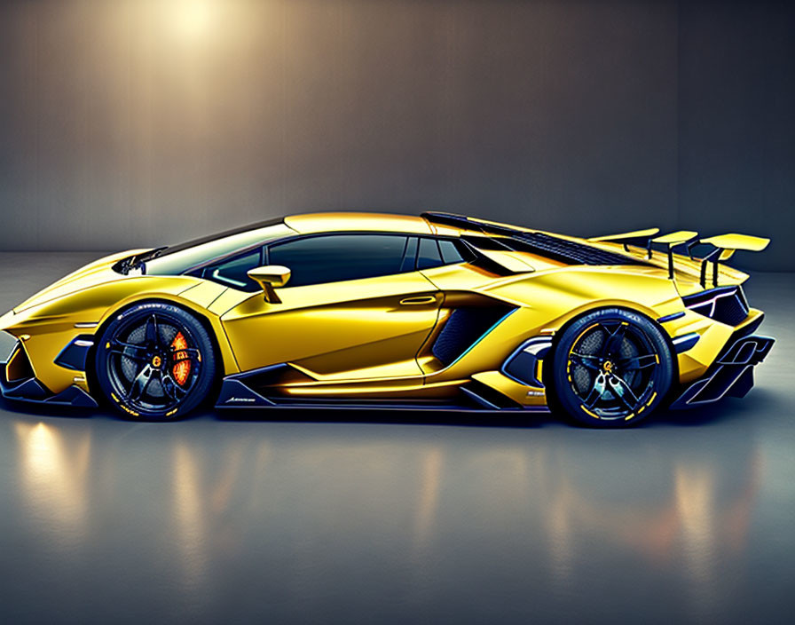 Yellow Lamborghini Aventador with Black Accents in Studio Setting