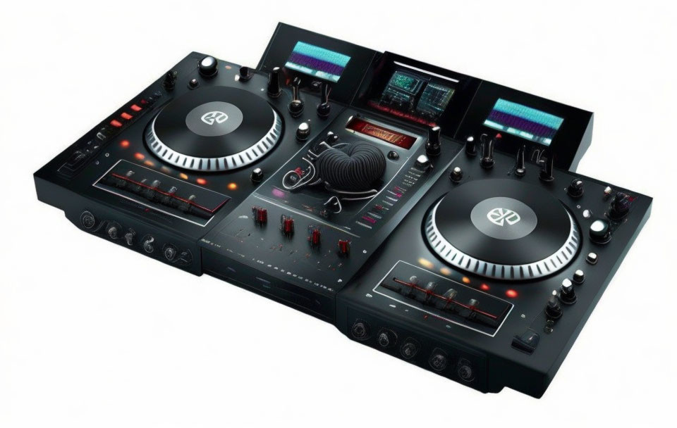 DJ Controller with Jog Wheels, Pitch Faders, Performance Pads, and Mixer Section