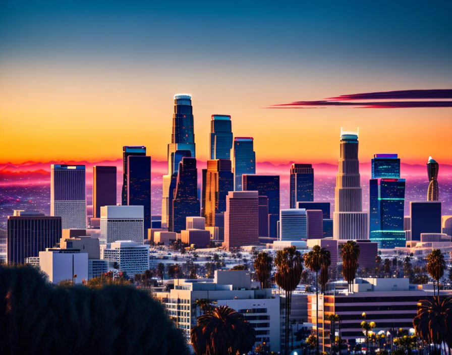 City skyline at sunset: Vibrant skyscrapers against orange sky