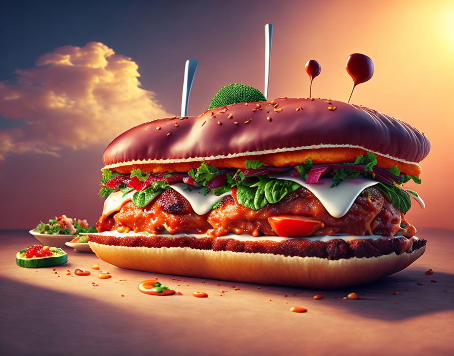 Stylized cheeseburger with meatballs, lettuce, tomato, and cheese against sunset sky