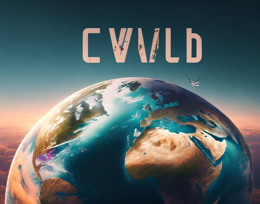 Digital artwork: Earth from space with mirrored "CIVIL" text and bird.