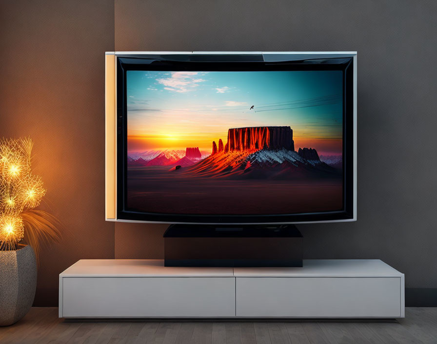 Vivid desert landscape with flying bird on modern TV above white cabinet