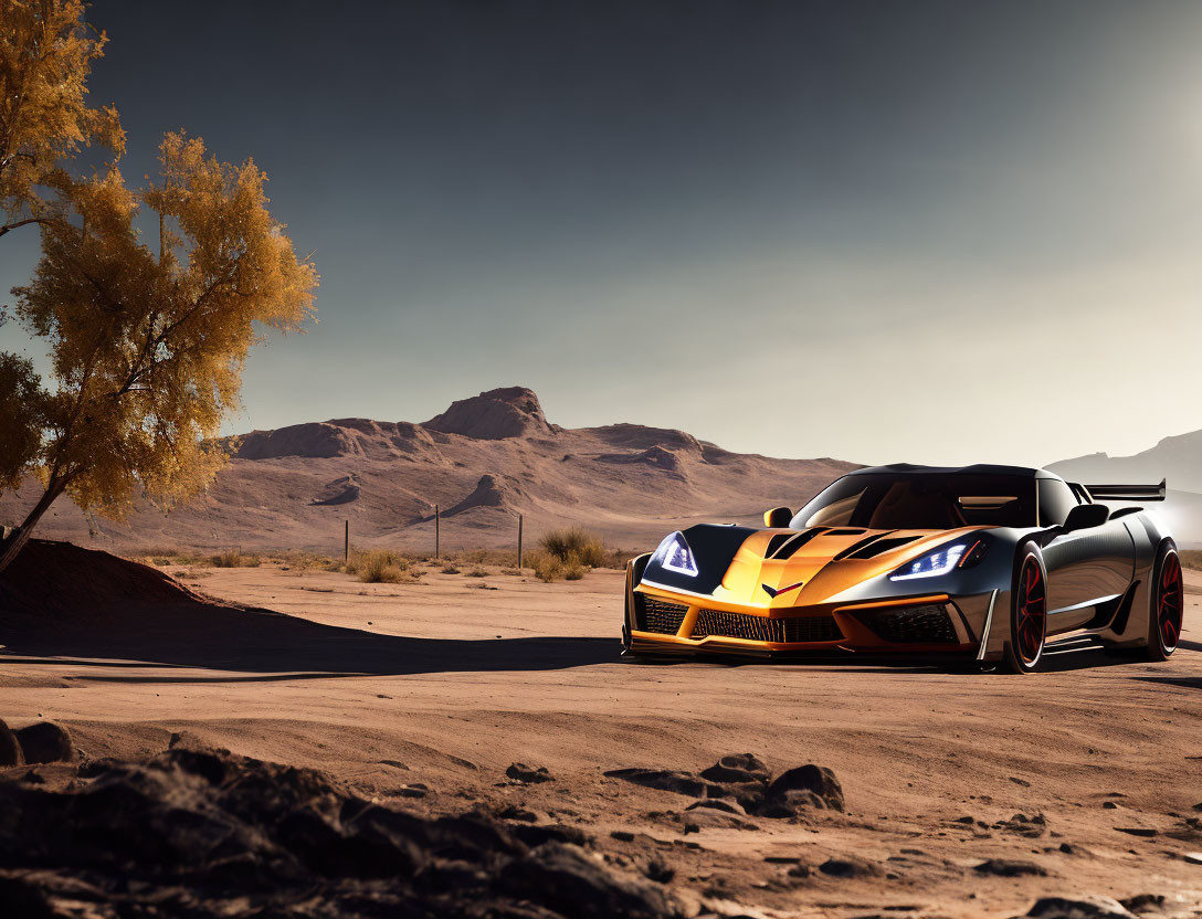 Black and Gold Luxury Sports Car in Desert Landscape