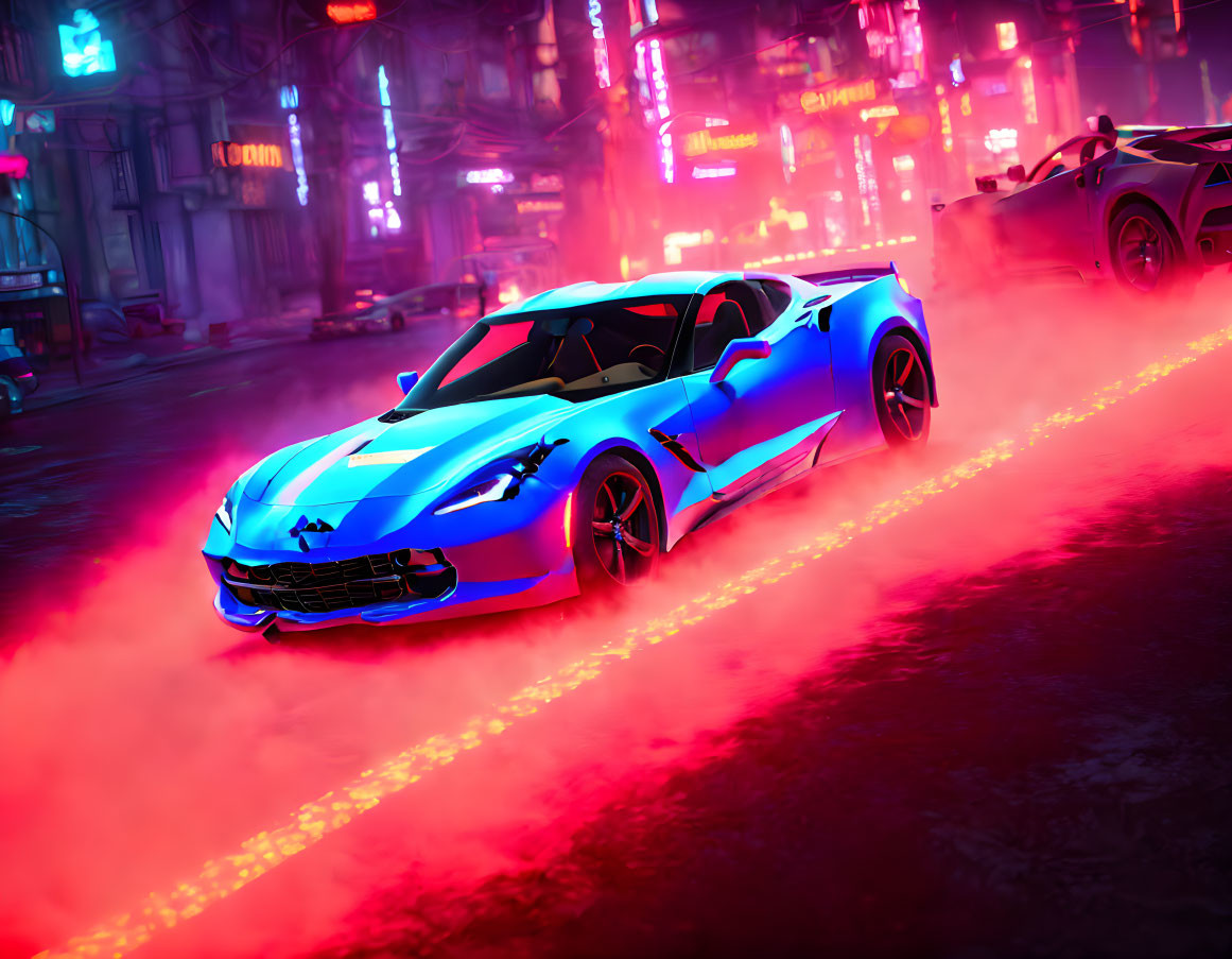 Blue sports car with red neon glow speeds through futuristic city at night