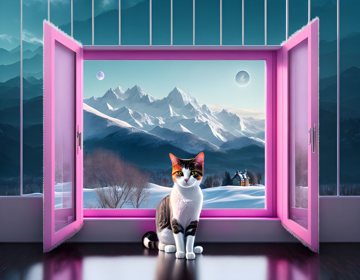 Cat in front of open window with snowy mountains, cabin, sun, moon, pink frames, purple