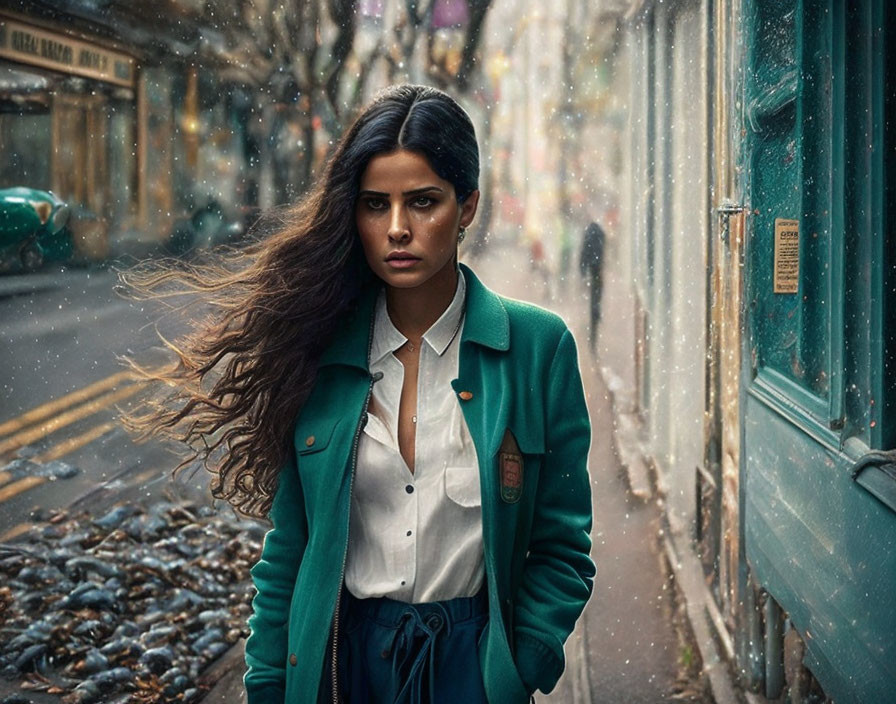 Dark-haired woman in green coat walks snowy cobblestone street