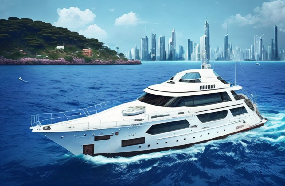 Luxury yacht sailing on blue ocean with modern city skyline and lush green coastline