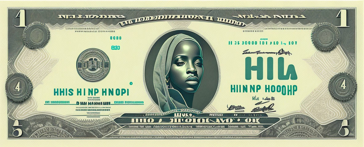 Altered one-dollar bill design with stylized portrait of African woman and unique patterns.