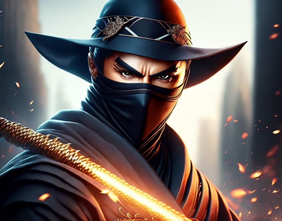 Stylized illustration of a masked ninja with sword in hand