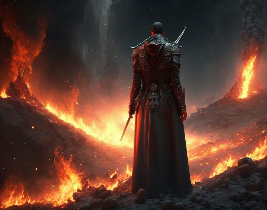 Knight in ornate armor faces erupting volcano landscape