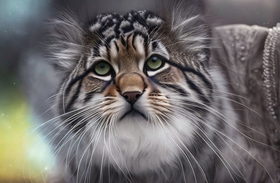 Detailed digital image of a feline with intense green eyes and prominent whiskers