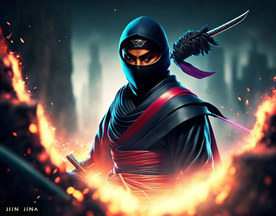 Masked ninja in black and red outfit with swords in swirling embers against moody backdrop