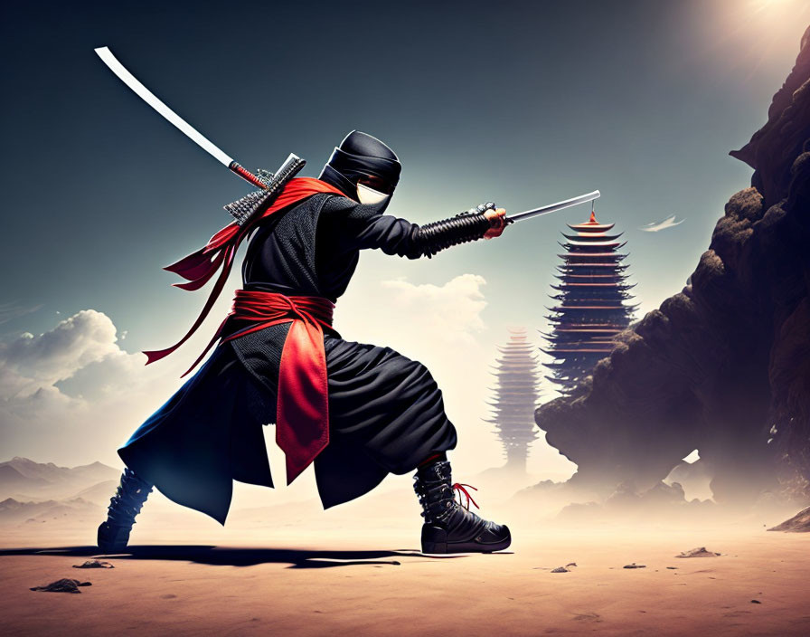 Traditional garb ninja with two katanas in combat stance against rocky terrain and pagoda.