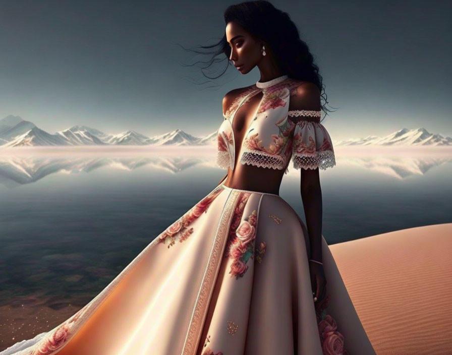 Woman in floral gown on sand dune against mountain backdrop