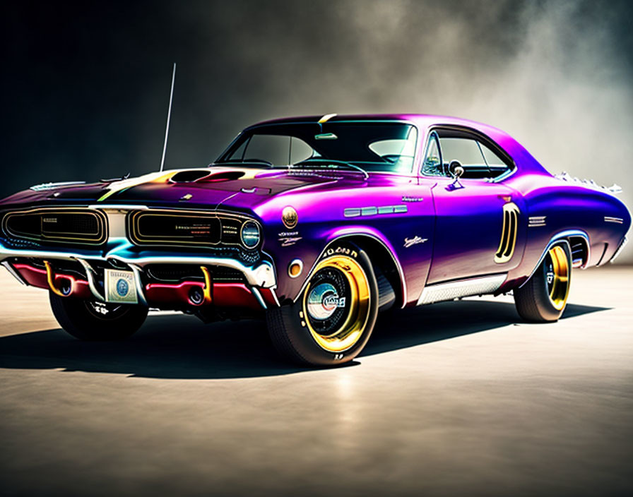 Purple Vintage Muscle Car with Chrome Details on Dark Background