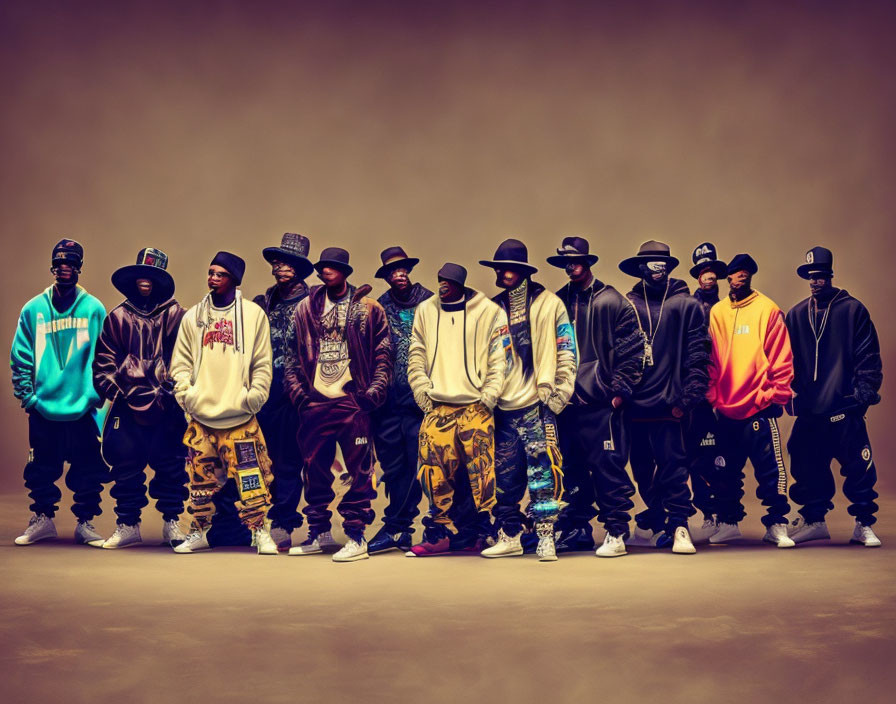 Men in hip-hop fashion with branded clothing and hats in confident poses.