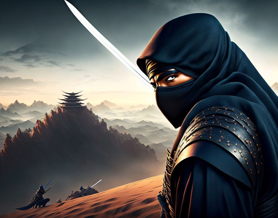 Digital Artwork: Cloaked Ninja with Reflective Sword in Desert Landscape