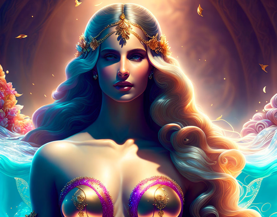 Illustrated fantasy woman with flowing hair and golden headpiece in mystical aura.