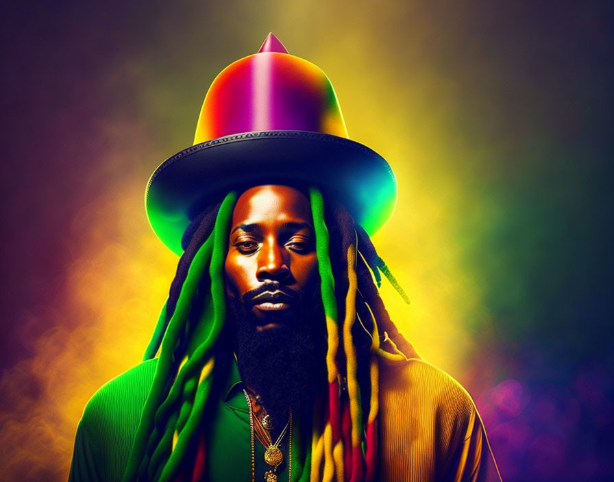 Person with dreadlocks in colorful conical hat against vibrant background