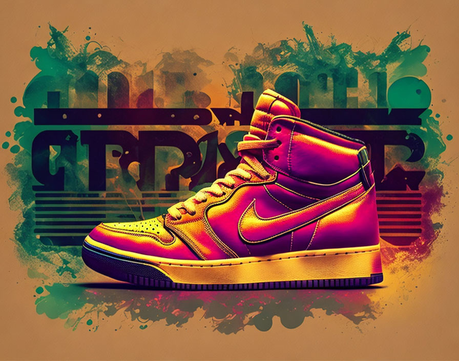 Colorful High-Top Sneaker Art Against Graffiti Backdrop