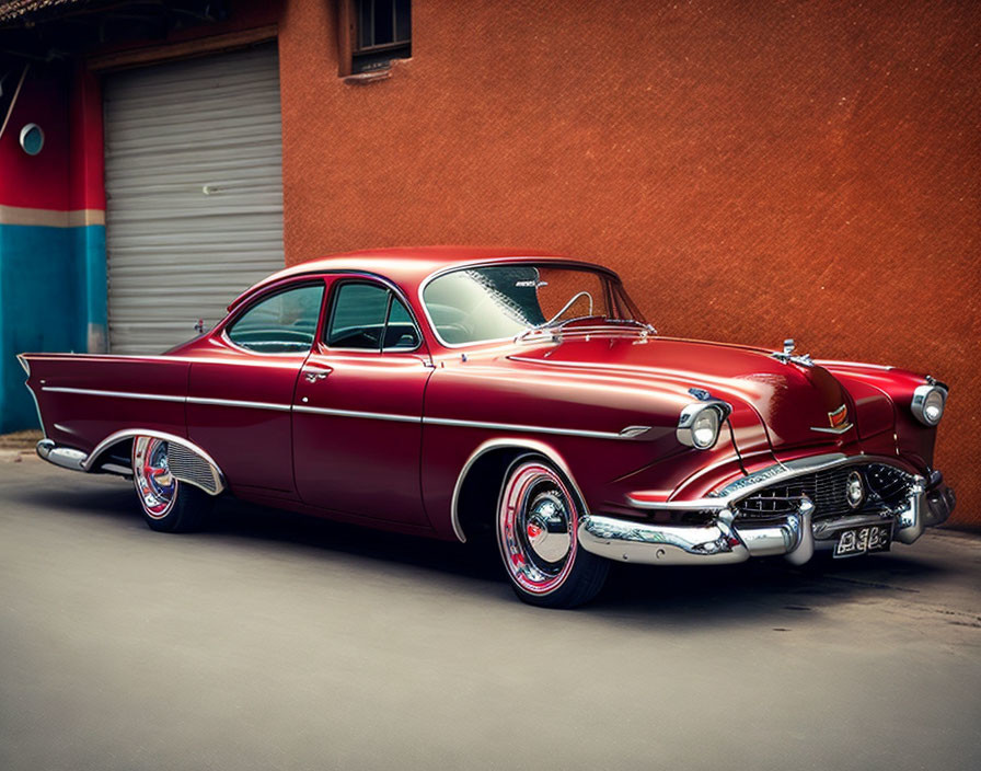 Vintage Red and White Car with Tailfins and White-Walled Tires in Front of Orange Garage