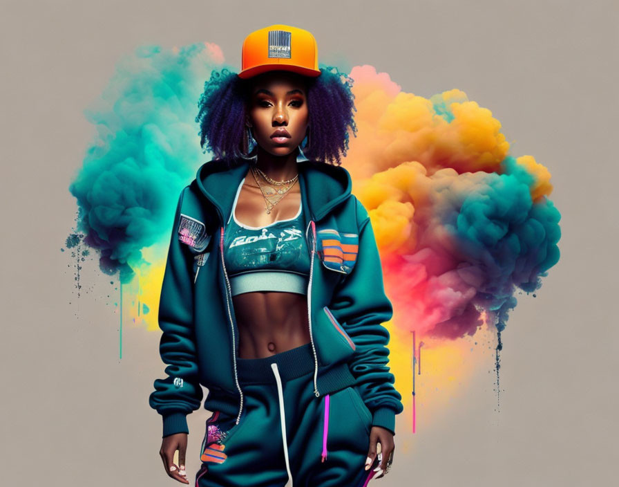 Vibrant woman in purple hair, cap, green tracksuit, and cropped top against colorful smoke