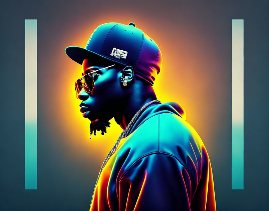 Stylized portrait of a person in sunglasses and a baseball cap with neon lighting on a dark background