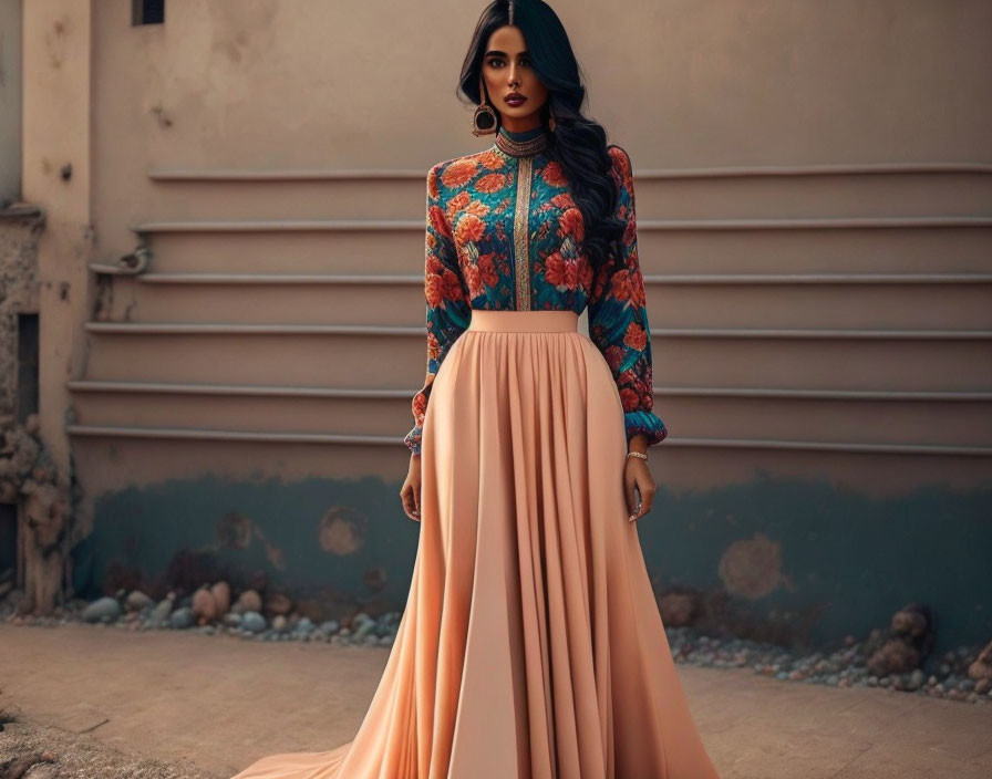 Woman in Peach Skirt and Floral Blouse Poses Against Rustic Beige Wall