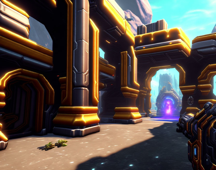 Sci-fi scene with golden archways and blue portal in rocky landscape