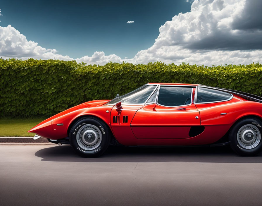 Vintage red sports car parked by trimmed hedge under cloudy sky