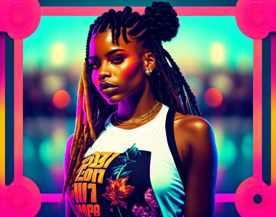 Stylish young woman with braided hair in vibrant neon-lit urban setting.